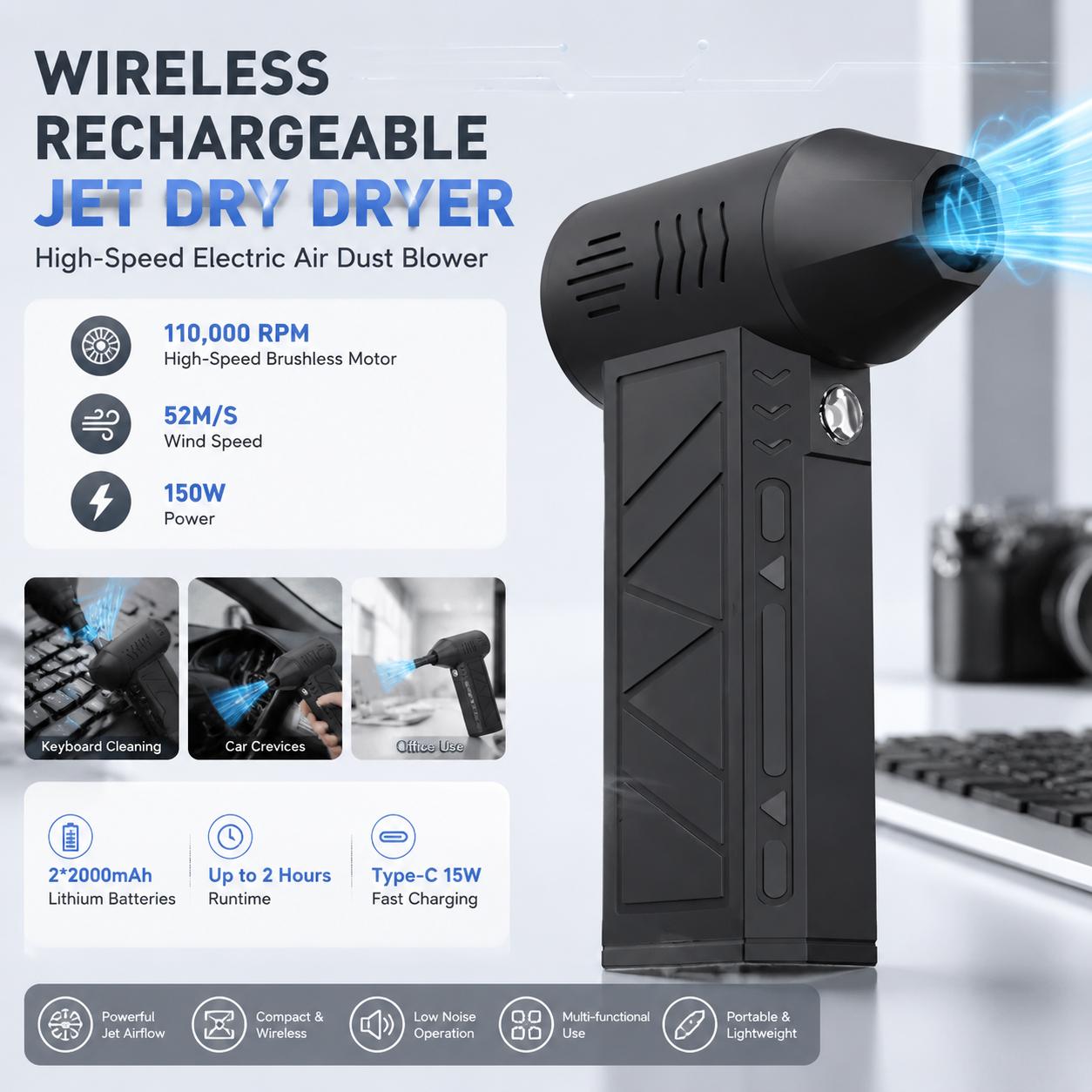 Home Office Tech Gadgets - 110.000 U/min Elektrischer Luftbläser, 3 Geschwindigkeiten,