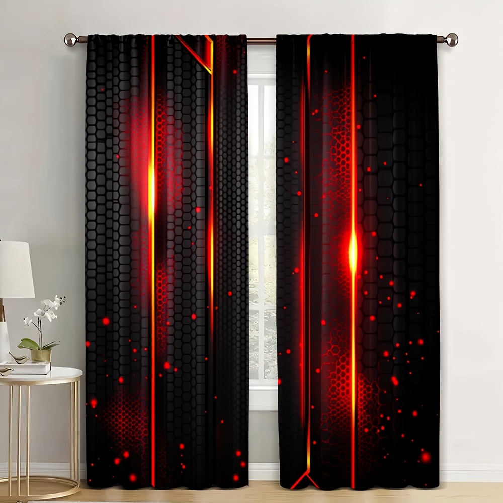 Office Tech Room - 2er-Set Lava-Vorhänge Schwarz-Rot mit Riss-Magma-Print –