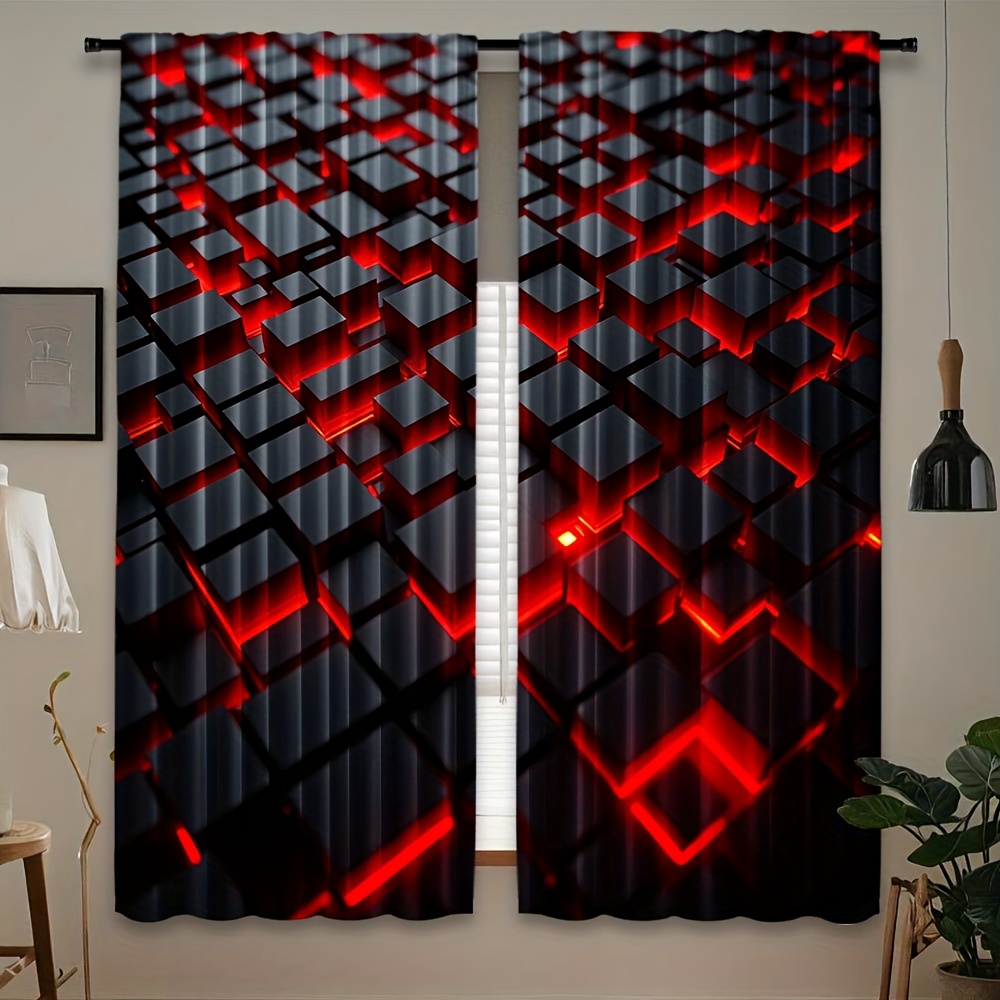 Office Tech Room - 2 Stück Geometrische Vorhänge Rot Schwarz
